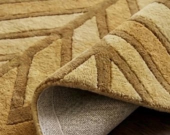Earthy Terracotta Gold Home Decor. Modern Wave Pattern Carpet Minimalist High Low Pile Rug