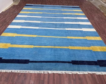 Hand Knotted Wool Rug, Blue Gold Geometric Area Carpet, Living Room Home Decor