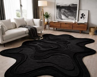 Black Round Abstract Rug, Hand Tufted Wool, Soft Sculpted Area Rug, Organic Shape Carpet