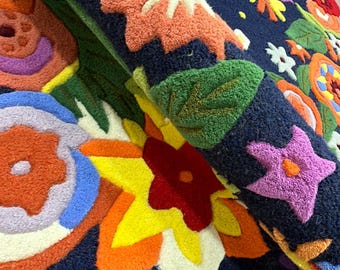 Hand Tufted Wool Rug, 3D Floral Embossed, Irregular Shape, Navy Blue Home Decor