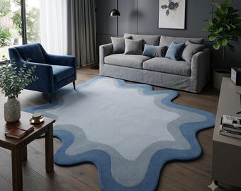 Silver Abstract Area Rug – Soft Plush Wool Carpet, Modern Organic Shape Rug, Cozy Designer