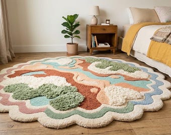 Hand-Tufted Wool Abstract Round Rug, Scalloped Wavy Border, Pastel Colors