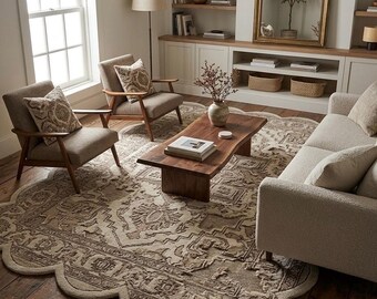Hand Tufted Wool Scalloped Rug, Traditional Medallion Textured Area Carpet