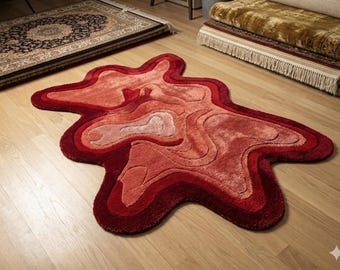 Hand-tufted NZ Wool Rug, Organic Shape Abstract Carpet, Red Pink Gradient, Maximalist Decor