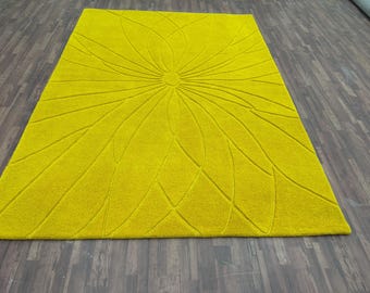 Yellow Hand Tufted Wool Rug, Modern Geometric Carpet, Carving loop Cut Home Décor