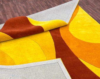 Retro Wavy Area Rug - Burnt Orange Mustard Gold Abstract Wool Carpet - Custom carpet