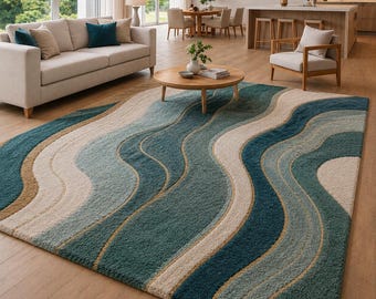 Organic Wave Pattern Wool Rug, Hand Tufted Soft Area Rug, Contemporary Home Decor Carpet