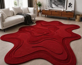 Organic Shape Red Rug, Abstract Sculpted Carpet, High Low Pile Custom Luxury Rug