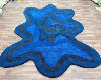 Blue Round Abstract Rug, Hand Tufted Wool, Soft Sculpted Area Rug, Organic Shape Carpet