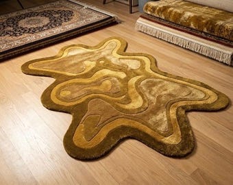 Gold Silk shine rug, Hand Tufted NZ Wool Abstract Rug, Sculpted Organic Shape Carpet