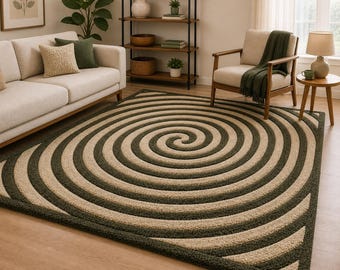 Spiral Wool Rug, Modern Area Rug, Handwoven Soft Geometric Swirl Neutral Two Tone Carpet