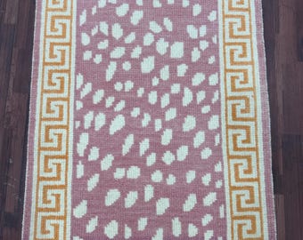 Handmade Wool Rug, Pink Greek Key Border, Soft Nursery Carpet, Custom Size Available