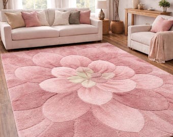 Soft Pink Floral Wool Rug, Handmade Tufted Carpet, Cozy Bedroom Area Rug