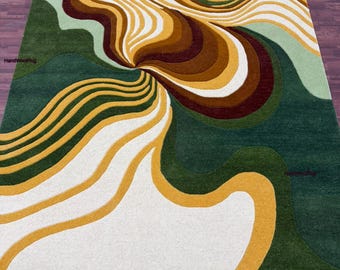 Abstract Wavy Wool Rug | Green, Beige, Mustard Mid-Century Modern Area Rug