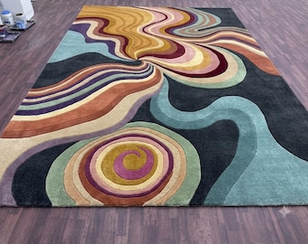 Colorful Mid Century Modern Abstract Tufted Carpet, Groovy Wave Statement Rug for Living Room