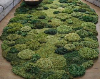 Tufted Moss Rug, Irregular Shape Green Wool Rug, Pebble Texture 3D Biophilic Natural Designer