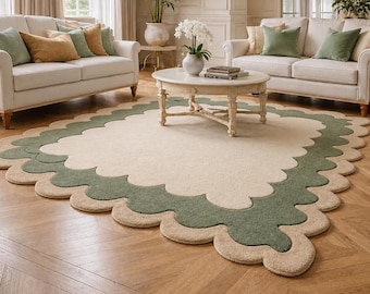 Scalloped Wool Rug, Soft Area Rug, Neutral Green Beige Rugs, Modern Organic Shape Carpet