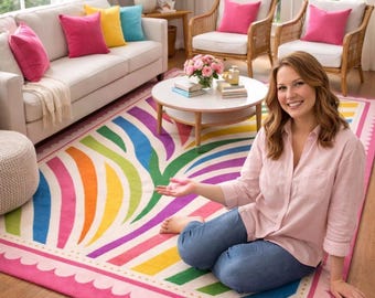 Hand Tufted Wool Rug 9x12, Colorful Rainbow Zebra Rug, Bold Statement Floor Décor