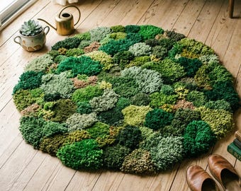 3D Moss Rug, Hand-tufted Forest Green Round Carpet, Nature Area Accent Rug