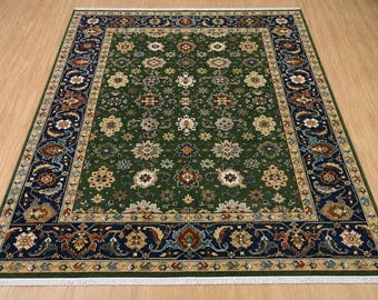 Hand Knotted Green Wool Rug 9x12, boho Oriental Area Rug, Vintage Persian Style Carpet