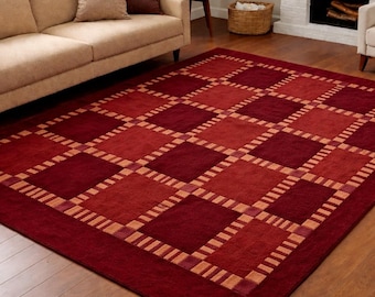 Tapis à carreaux en laine rose bordeaux, tapis moderne doux et luxueux capitonné à la main
