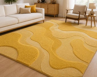 Yellow Hand Tufted Wool Rug, Modern Geometric Carpet, Carving loop Cut Home Décor