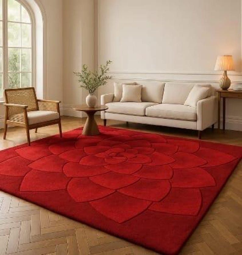 Large Round Area Rug Colorful Red Round Abstract Rug, Terracotta Hand Tufted Wool, Sculpted Area Rug ...