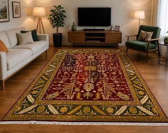 Hand Knotted Wool Rug 8x10, Red Oriental Area Rug, Vintage Style Carpet, Living Room