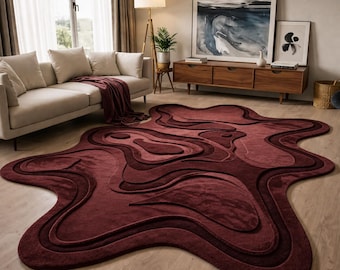 Luxury Maroon Abstract Rug, Hand Tufted NZ Wool, Soft Sculpted Area Rug, Organic Shape