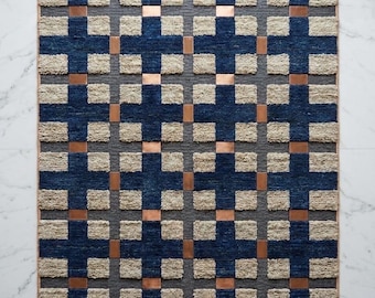 Hand-Knotted Wool Rug, Navy Blue Beige Checkered Area Carpet, Geometric Stair Runner