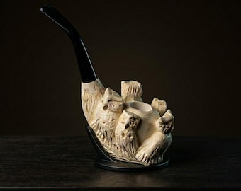 Pipa de espuma de mar con figura de búho – Pieza de arte turca de colección tallada a mano.