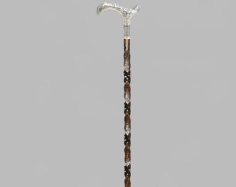 Handmade Silver Handle Walking Cane Cornelian Cherry Wood Devrek Cane
