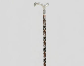 Silver Handle Walking Cane Gift, Handmade Wooden Devrek Cane for Men