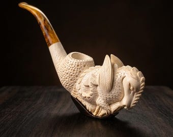 Pipa de tabaco de espuma de mar con dragón tallada a mano – Figura turca tallada con boquilla de poliéster. Artículo de colección.