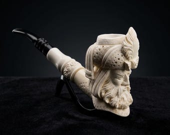 Hand Carved Meerschaum Sultan Pipe Turkish Smoking Pipe with Box and Stand