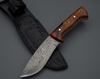 Custom Handmade Damascus Steel Hunting Knife Stabilized Wood Handle Leather Sheath