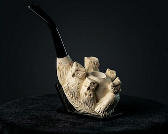 Pipa de espuma de mar con forma de búho tallada a mano – Accesorio turco para fumar tabaco con diseño de figura y boquilla de poliéster.