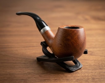 Pipa de tabaco de madera hecha a mano, estilo brandy curvado, con caja y soporte.