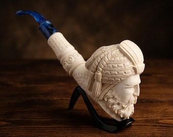 Sultan Head Meerschaum Pipe Gift – Hand Carved Turkish Tobacco Collectible Curved Stem with Box