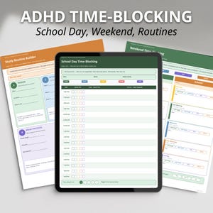 ADHDの学習ルーティンと時間配分プランナー、学校の一日スケジュール、時間監査、神経発達障害のある生徒のための週末ブロック（PDF + iPad）