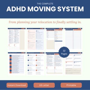 Paquete de planificador de mudanzas para personas con TDAH, plantilla editable en PDF para un sistema de mudanzas completo, plantilla de lista de verificación, registro de inventario, registro de hábitos (impresión).