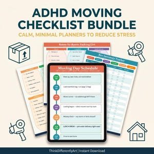 ADHD Moving Checklist Bundle, Room by Room Packing List, Moving Day Schedule, Box Inventory Tracker, New Home Essentials PDF