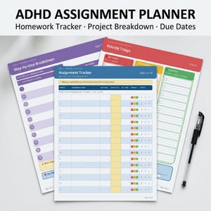 ADHD-uppgiftsplanerare för elever, läxuppföljning, projektfördelning, inlämningsdatum, prioriterad urvalsbedömning (utskrivbar PDF)