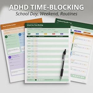 Programme d'études sur le TDAH et calendrier, horaire de jour scolaire, vérification du temps, blocs de week-end pour étudiants neurodivergents (PDF + iPad)