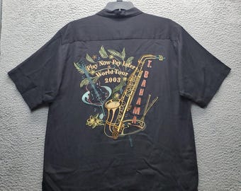 Tommy Bahama  VTG Shirt Mens Medium Black Silk Embroidered Rare Music Sax Button