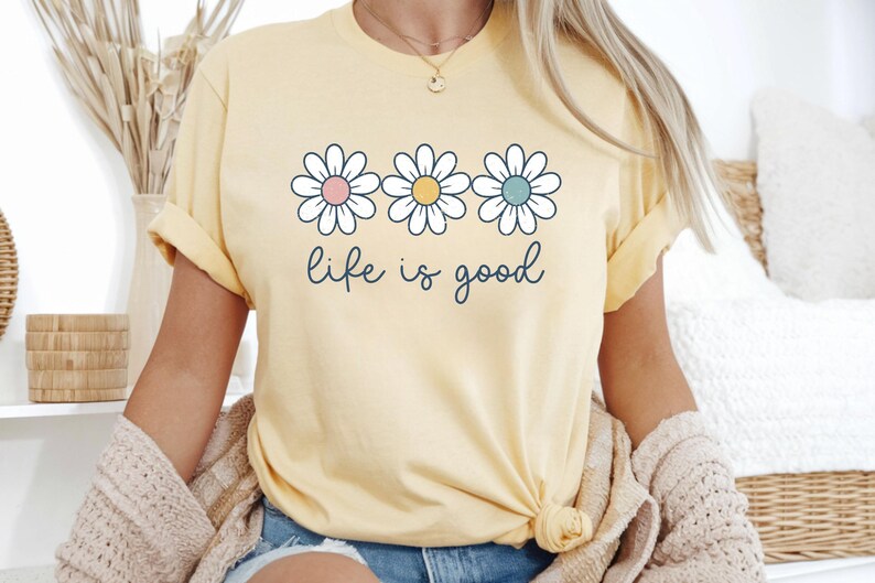 Life is Good Daisy T-Shirt, Retro Flower Graphic Tee, Inspirational Summer Top afbeelding 9