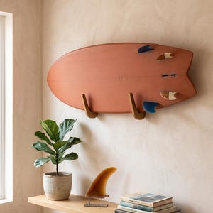 Wooden Surfboard Wall Rack, Minimalist Board Mount, Storage Hooks for Surfboard, Wakeboard, Snowboard