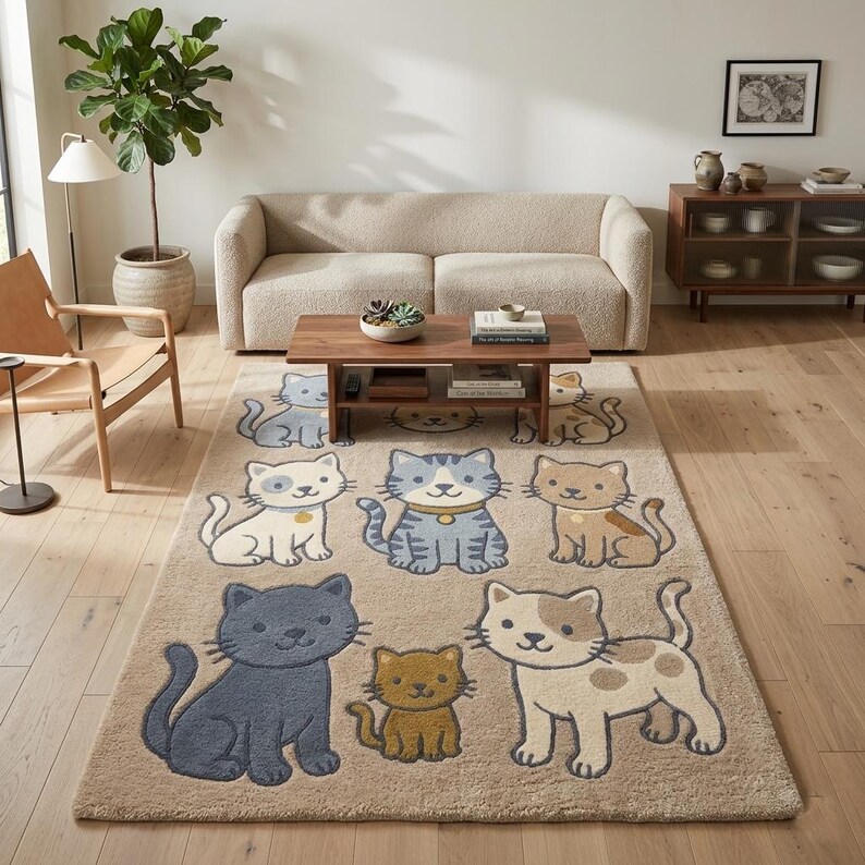 Hand Tufted Cat Rug Cute Cartoon Kitty Area Rug Custom Wool Nursery Rug ...