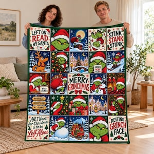 May include: A rectangular throw blanket featuring a grid of twenty-five illustrated panels depicting a green character in a Santa hat. The design includes text such as "Left on Read by Santa," "Stink Stank Stunk," "Merry Grinchmas," and "Resting Grinch Face" alongside festive holiday imagery.