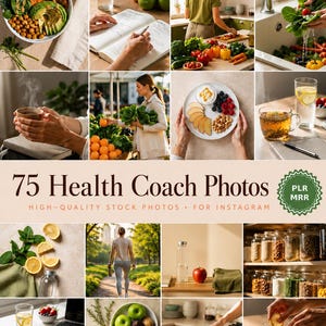 Könnte beinhalten: Eine Sammlung von 75 Health-Coach-Stockfotos mit verschiedenen Szenen eines gesunden Lebensstils, darunter frische Lebensmittel, Essenszubereitung, Spaziergänge im Freien, organisierte Vorratsgläser und Getränke, mit dem Text 75 Health Coach Photos.